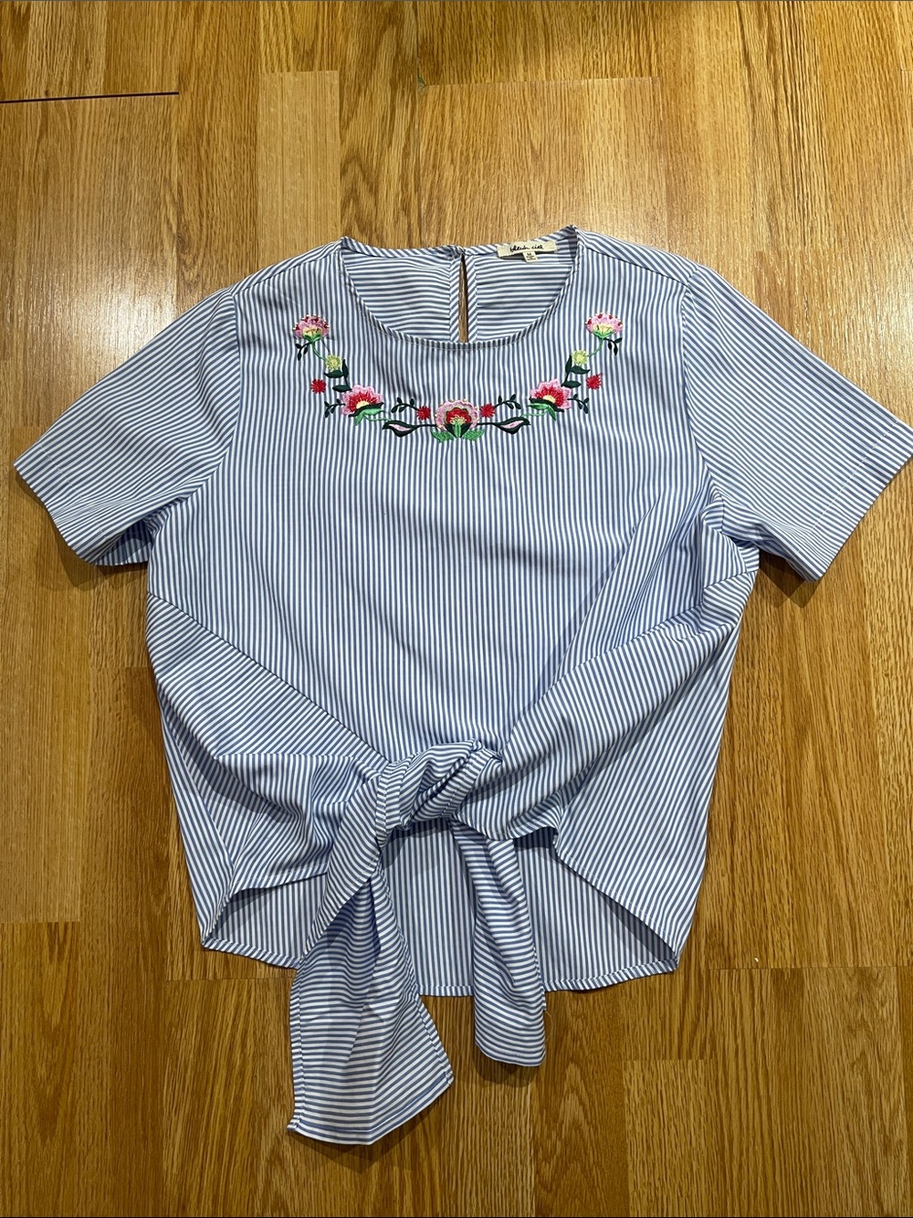 Bleuh ciel- Embroidered Blue & White Stripe Tie-Front Women’s Top